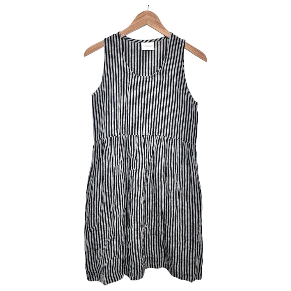 Conscious Clothing Linen Striped Patio Dress Size XS Pullover Pockets Gray Brown